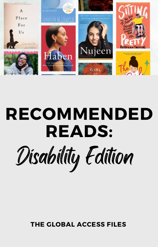 Books layered at top, grey background, Recommended Reads: Disability Edition